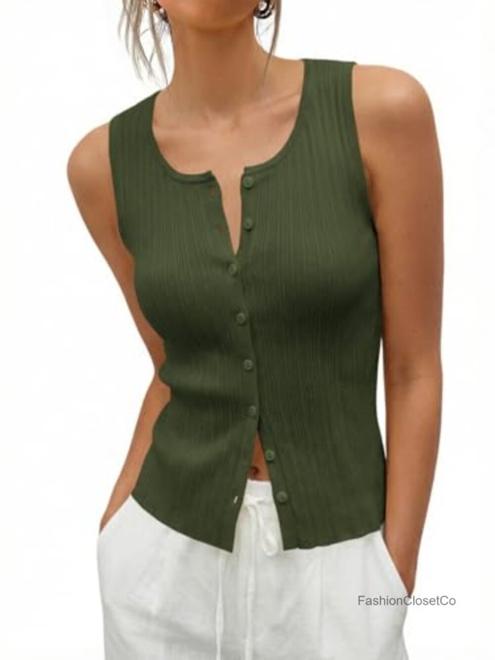 Womens Sleeveless Sweater Vest Button Down Scoop Neck Tank Top Ribbed Knit